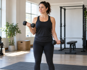 Donna che si allena con due manubri in una sala fitness luminosa