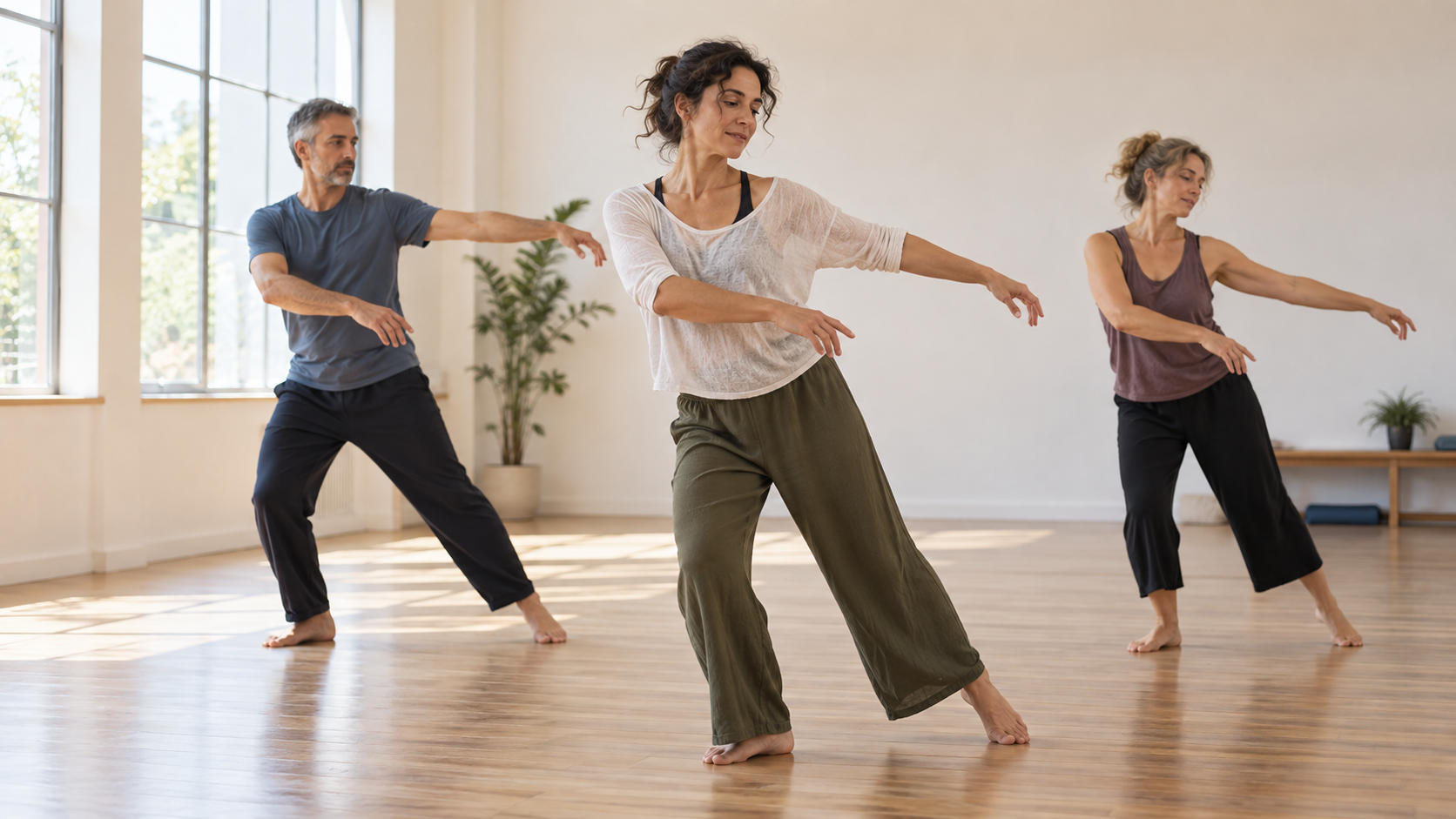 Danza per adulti: movimento e benessere Tre adulti durante una lezione di danza in una sala luminosa